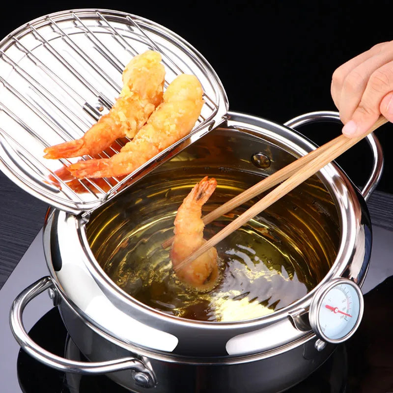 F2 Japanese Deep Frying Pot Panela with a Thermometer and a Lid Kitchen Tempura Fryer Pan 20/24 cm BBQ Cooking pots Cookware set