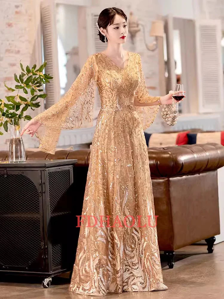 FDHAOLU 2024 Custom Size Gold Sequin Mother Of The Bridal Dresses Elegant V-Neck A-Line Floor-Length Long Wedding Party Gowns