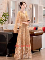 FDHAOLU 2024 Custom Size Gold Sequin Mother Of The Bridal Dresses Elegant V-Neck A-Line Floor-Length Long Wedding Party Gowns