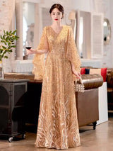 FDHAOLU 2024 Custom Size Gold Sequin Mother Of The Bridal Dresses Elegant V-Neck A-Line Floor-Length Long Wedding Party Gowns