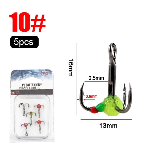 FISH KING 5pcs/pack High Carbon Steel  Winter ice Fishing Hooks Overturned Barbed Trebles Hooks With Diamond Eye Fishing Tackle