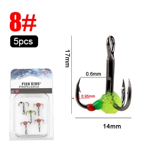 FISH KING 5pcs/pack High Carbon Steel  Winter ice Fishing Hooks Overturned Barbed Trebles Hooks With Diamond Eye Fishing Tackle