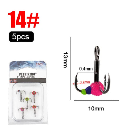 FISH KING 5pcs/pack High Carbon Steel  Winter ice Fishing Hooks Overturned Barbed Trebles Hooks With Diamond Eye Fishing Tackle