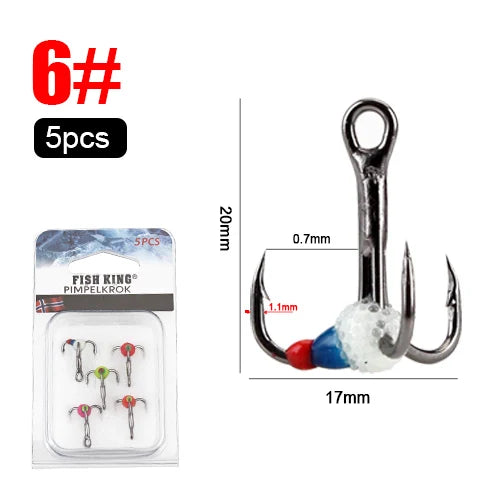 FISH KING 5pcs/pack High Carbon Steel  Winter ice Fishing Hooks Overturned Barbed Trebles Hooks With Diamond Eye Fishing Tackle