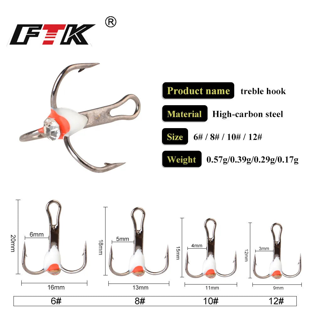 FTK 5pcs/pack High Carbon Steel Winter Ice Fishing Treble Hooks With 3D EYE 6/8/10/12# Barbed Fishhooks Fishing Tackle