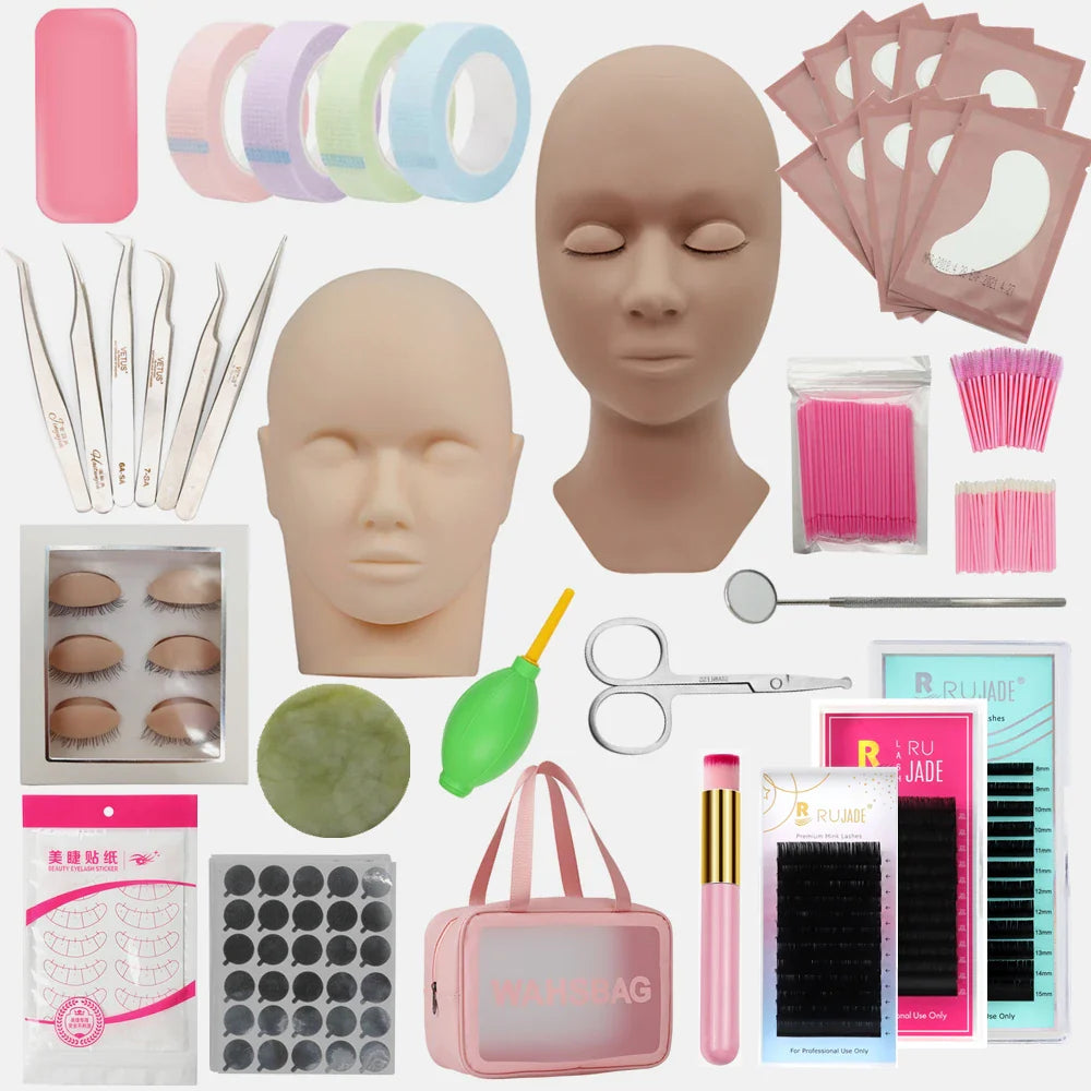 False Eyelash Extension Kit Set Beginner Mannequin Head Lash Brush Tweezers Scissors Lashes Pad Storage Accessories Makeup Tool