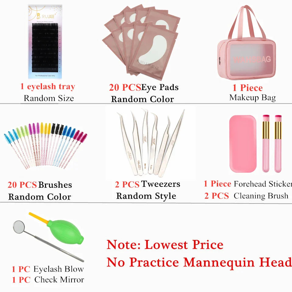 False Eyelash Extension Kit Set Beginner Mannequin Head Lash Brush Tweezers Scissors Lashes Pad Storage Accessories Makeup Tool