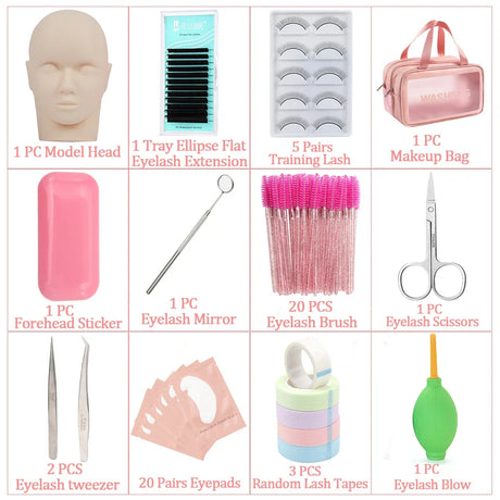 False Eyelash Extension Kit Set Beginner Mannequin Head Lash Brush Tweezers Scissors Lashes Pad Storage Accessories Makeup Tool