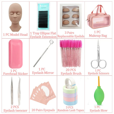 False Eyelash Extension Kit Set Beginner Mannequin Head Lash Brush Tweezers Scissors Lashes Pad Storage Accessories Makeup Tool