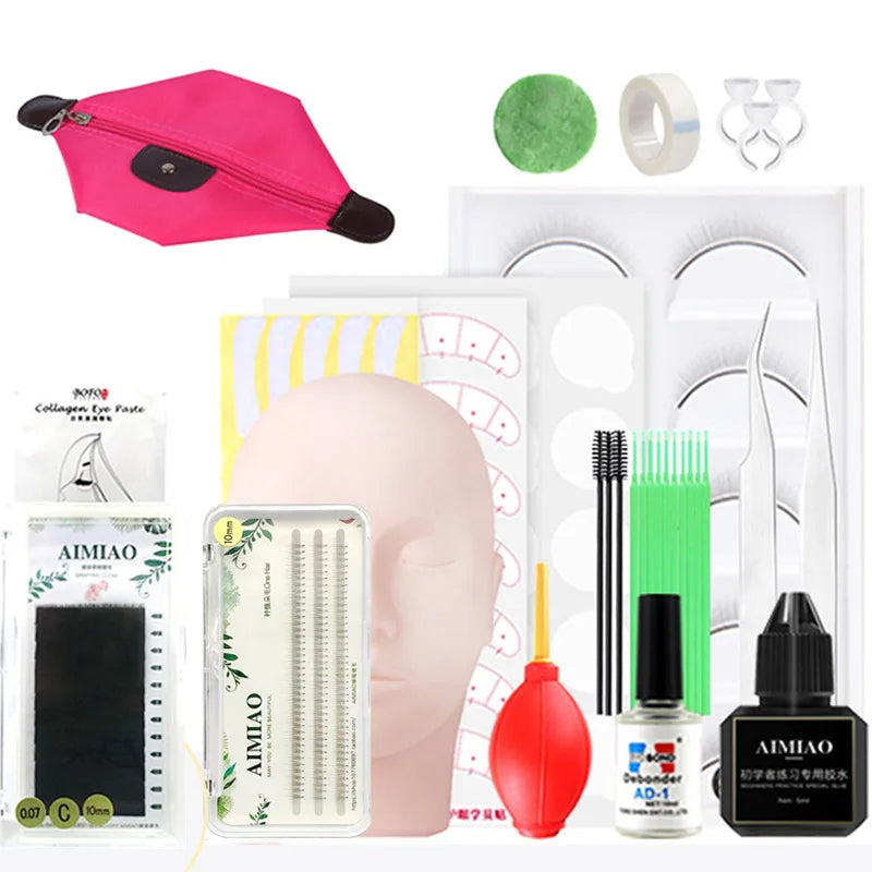 False Eyelash Extension Training Kit Practice Model Head Eye Pads Tweezers Glue Ring Brush Grafting Eyelash Tools Kit