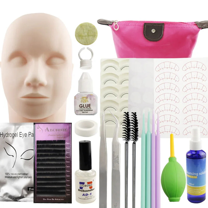 False Eyelash Extension Training Kit Practice Model Head Eye Pads Tweezers Glue Ring Brush Grafting Eyelash Tools Kit