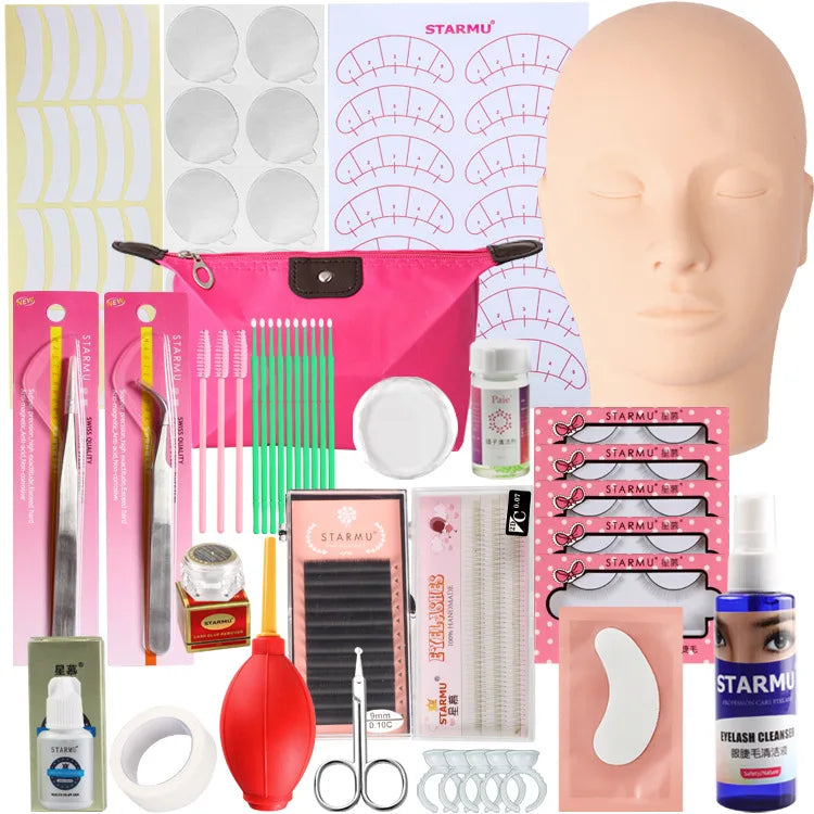 False Eyelash Extension Training Kit Practice Model Head Eye Pads Tweezers Glue Ring Brush Grafting Eyelash Tools Kit