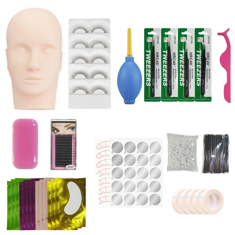 False Eyelash Extension Training Kit Practice Model Head Eye Pads Tweezers Glue Ring Brush Grafting Eyelash Tools Kit