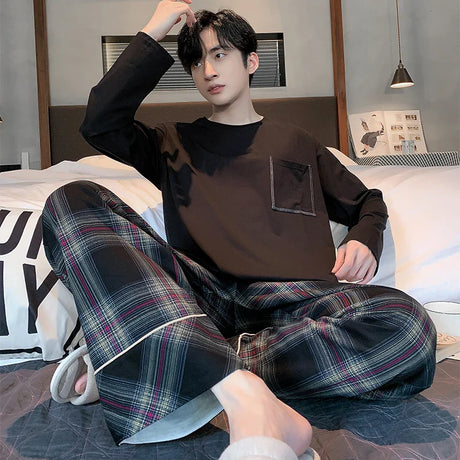 Fashion Autumn Letter Print Pajamas Sets for Men Plaid Pants Pure Cotton Male Sleepwear Big Yards 4XL Home Wear Lounge Nightwear