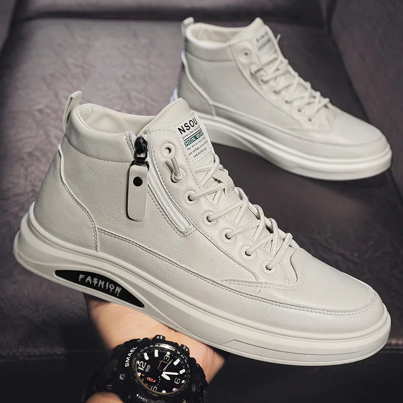 Fashion Comfortable Soft Leather Mid-top Sneakers Men's High-top Casual Side Zipper Plate Shoes Luxury Boots Tenis Masculino