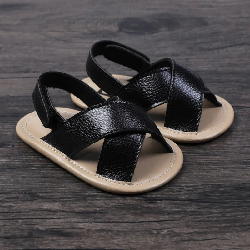 Fashion PU Leather Baby Boys Girls Shoes Summer Flower Princess Sandals Anti-Slip Infant Flat Beach Shoes With Criss Cross Strap