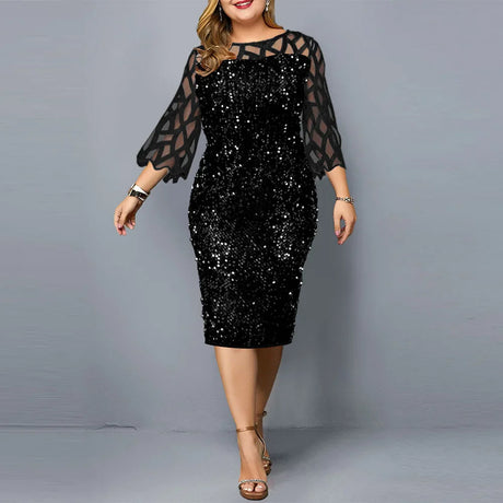 Fashion Sequinis Women Party Dresses New Spring Lace Long-sleeved O-neck Lady Plus Size Dress Vintage Splice Casual Loose Dress