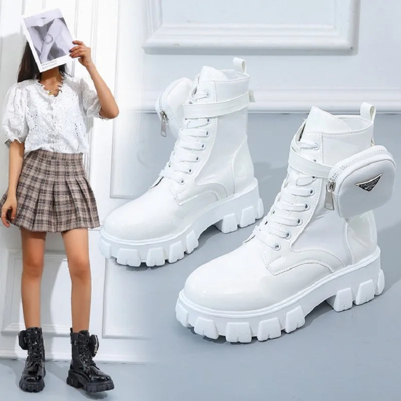 Fashion White Punk Ankle Platform Motorcycle Boots Women Lace Up Chunky Heel Belt Buckle Pocket Designer Shoes Women Boots