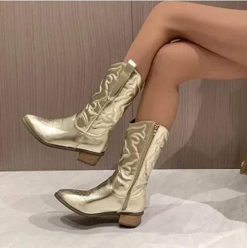 Fashion Women 2023 Cowboy Short Ankle Boots for Women Chunky Heel Cowgirl Boots Embroidered Mid Calf Western Boots Hot