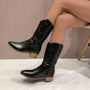 Fashion Women 2023 Cowboy Short Ankle Boots for Women Chunky Heel Cowgirl Boots Embroidered Mid Calf Western Boots Hot