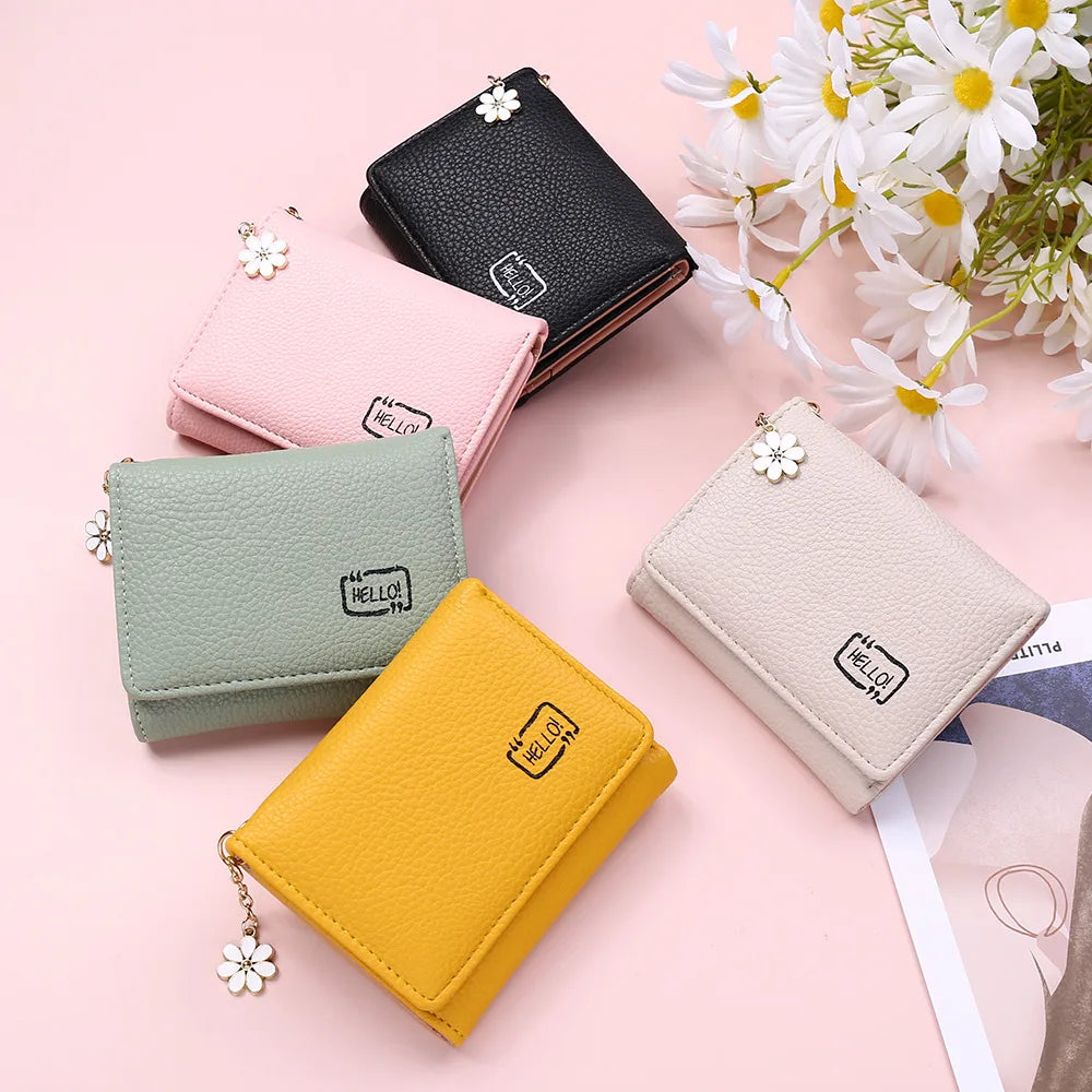 Fashion Women’s Short Wallet Ladies Small Card Holder Print Lychee Pattern Cute Yellow Two-fold Flower Tassel Female Coin Bags