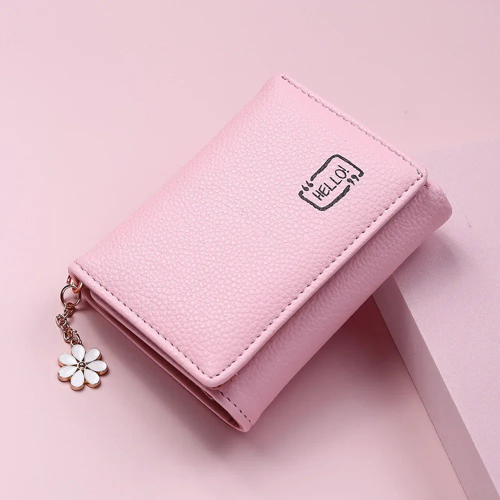 Fashion Women’s Short Wallet Ladies Small Card Holder Print Lychee Pattern Cute Yellow Two-fold Flower Tassel Female Coin Bags