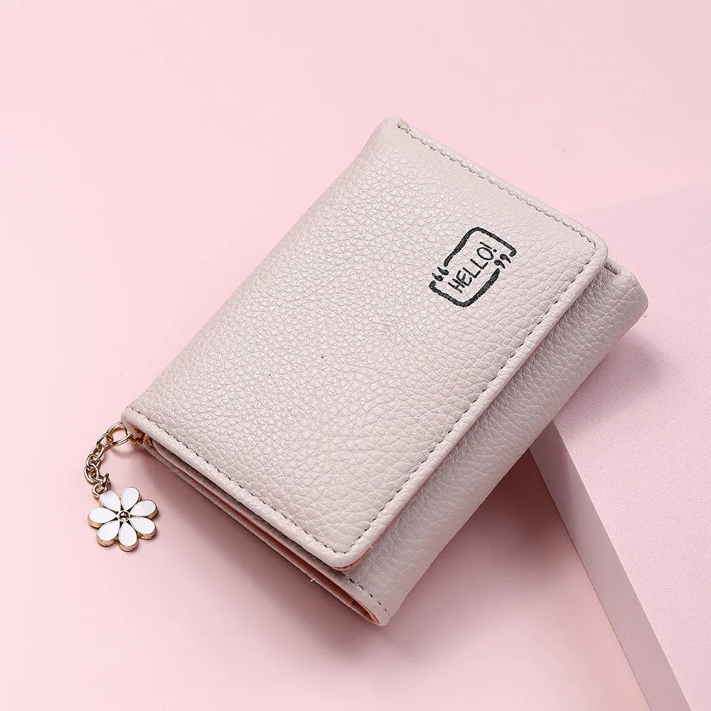 Fashion Women’s Short Wallet Ladies Small Card Holder Print Lychee Pattern Cute Yellow Two-fold Flower Tassel Female Coin Bags