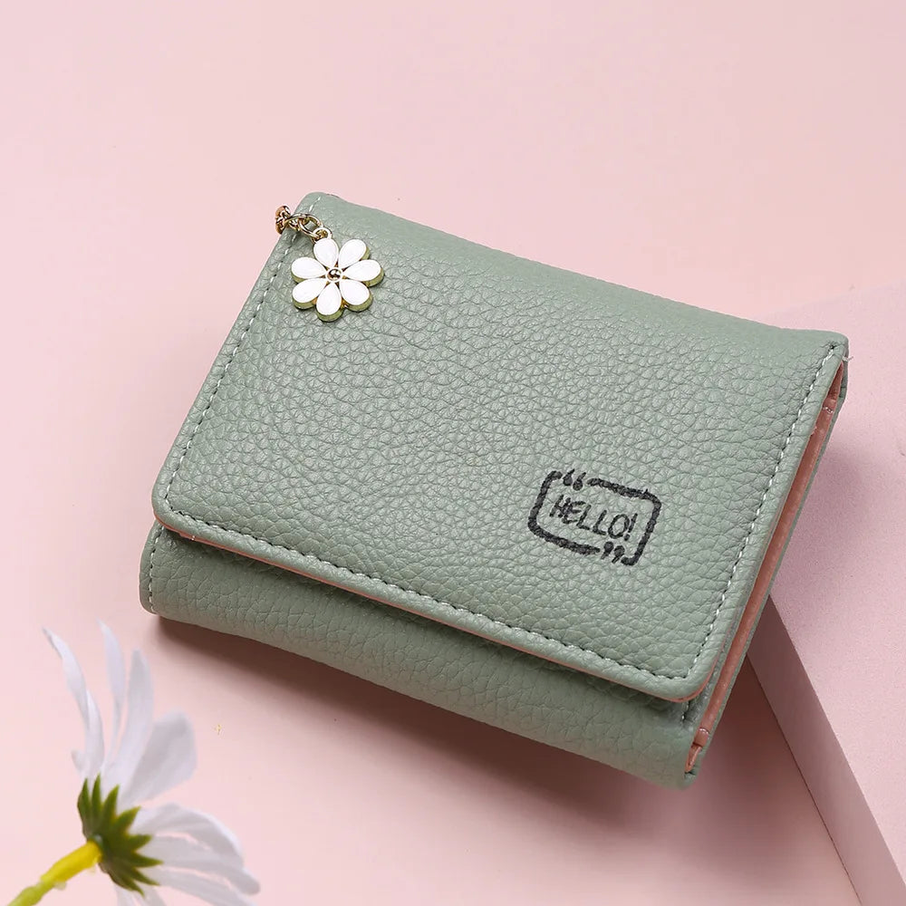 Fashion Women’s Short Wallet Ladies Small Card Holder Print Lychee Pattern Cute Yellow Two-fold Flower Tassel Female Coin Bags