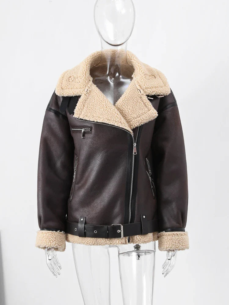 Faux Fur Leather Jacket Women Turndown Collar Belt Zipper Fleece Thicken Double-sided long Jackets Coat Female Moto Lady Outwear