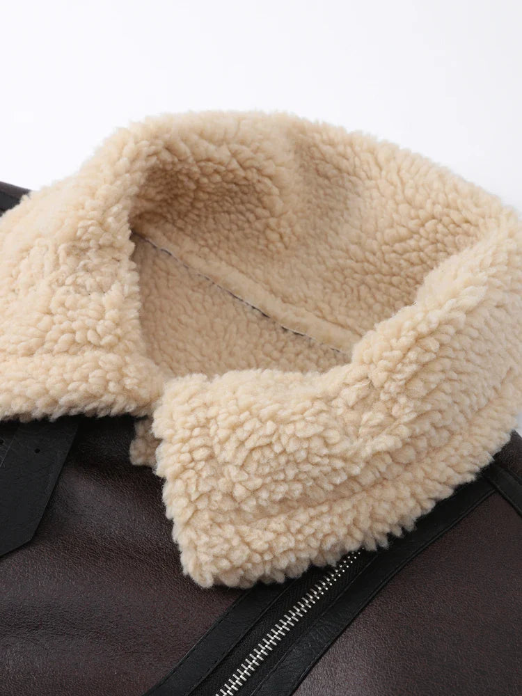 Faux Fur Leather Jacket Women Turndown Collar Belt Zipper Fleece Thicken Double-sided long Jackets Coat Female Moto Lady Outwear