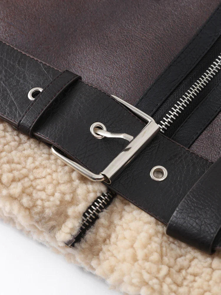 Faux Fur Leather Jacket Women Turndown Collar Belt Zipper Fleece Thicken Double-sided long Jackets Coat Female Moto Lady Outwear