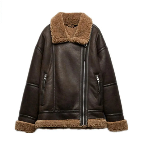 Faux Fur Leather Jacket Women Turndown Collar Belt Zipper Fleece Thicken Double-sided long Jackets Coat Female Moto Lady Outwear