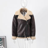 Faux Fur Leather Jacket Women Turndown Collar Belt Zipper Fleece Thicken Double-sided long Jackets Coat Female Moto Lady Outwear