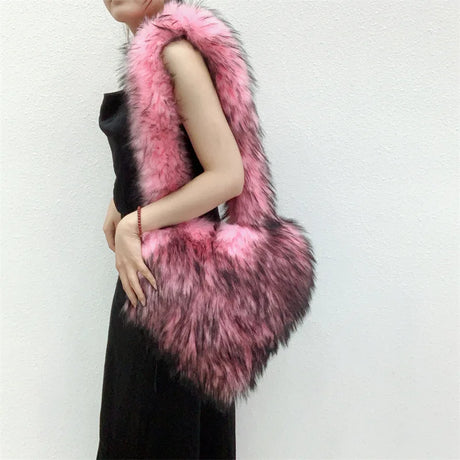 Faux Fur Shoulder Bag Heart Shaped Fluffy Plush Crossbody Bags for Women Oversized Tote Bags Lady Shopper Vintage Gothic Bags