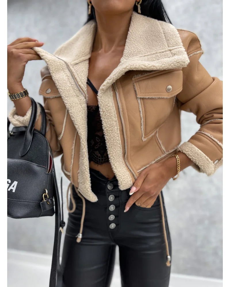 Faux Leather Jackets Women PU Short Thick Warm Black Outwear Female Aviator Retro Lapel Velvet Coat New Year Winter Tops