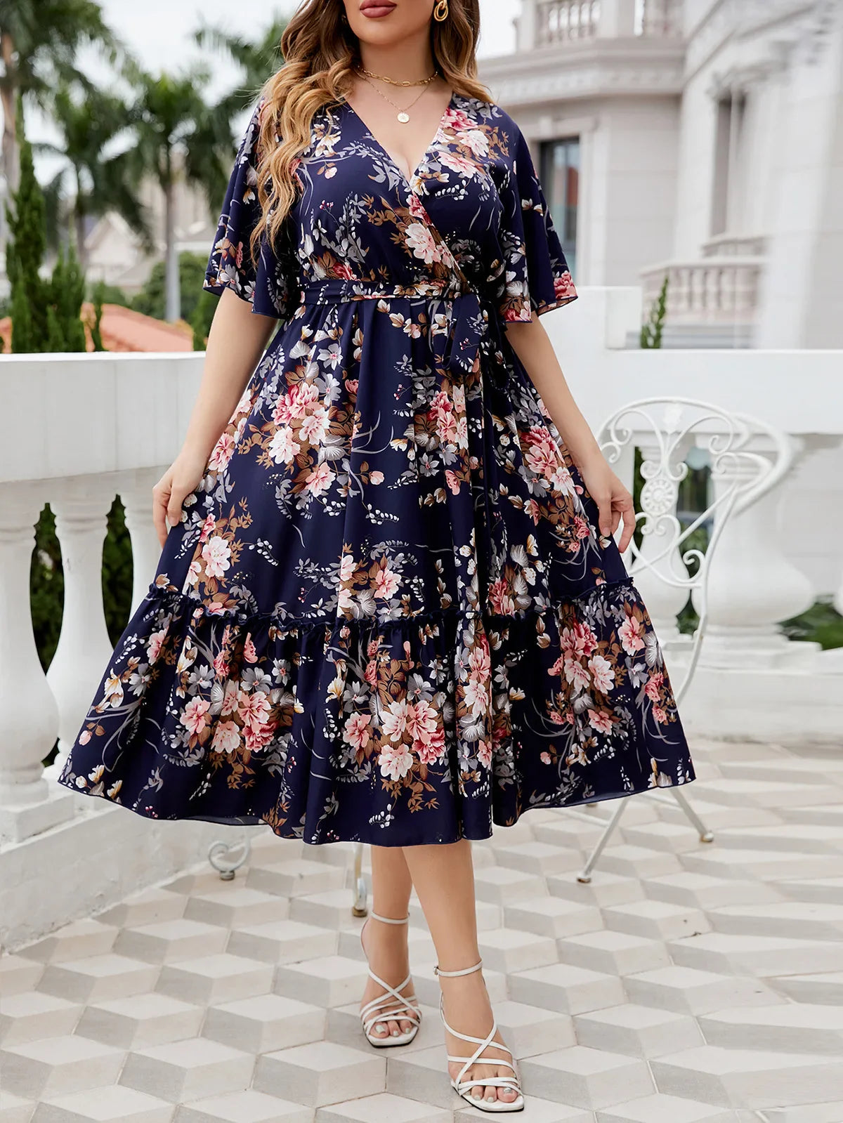 Female Elegant and Pretty Casual Printed Lace Up V-Neck Party Dresses Plus Size Short-Sleeved Cheap Summer on Offer Liquidation