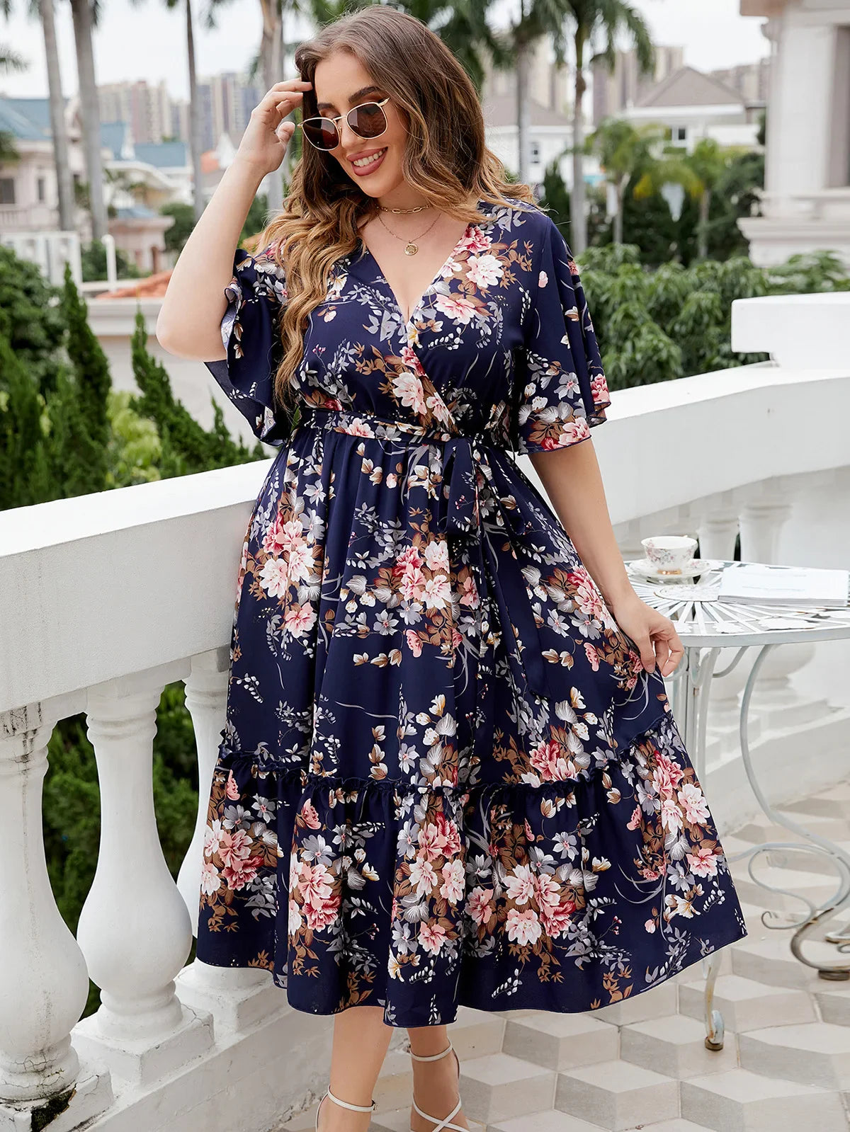 Female Elegant and Pretty Casual Printed Lace Up V-Neck Party Dresses Plus Size Short-Sleeved Cheap Summer on Offer Liquidation