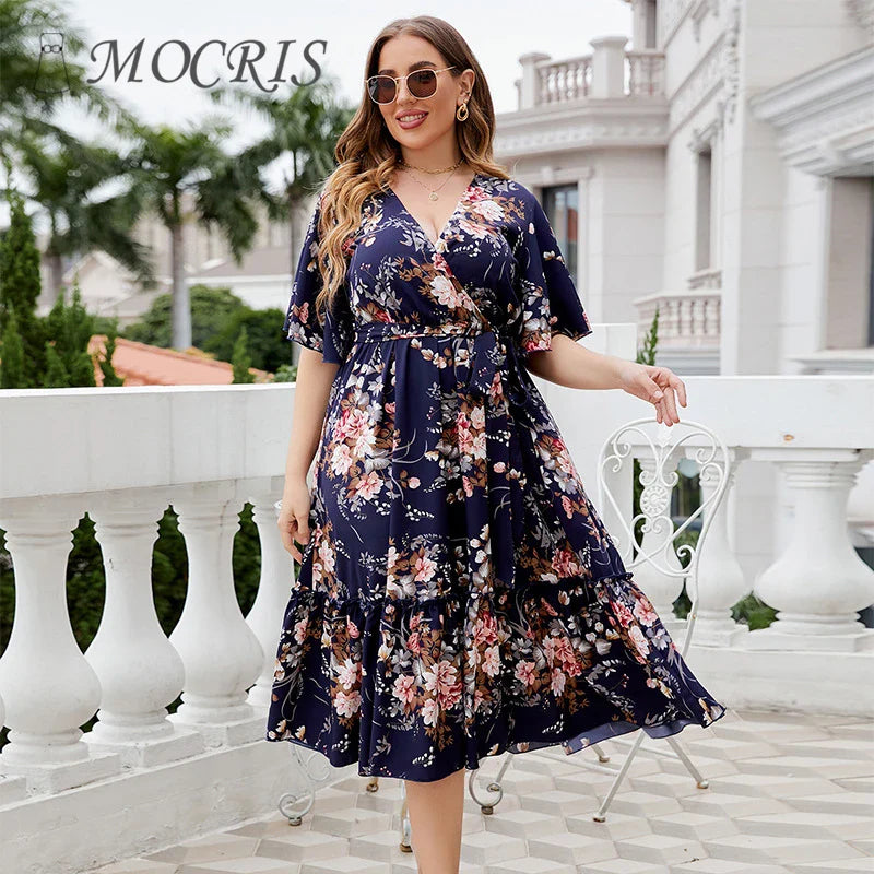 Female Elegant and Pretty Casual Printed Lace Up V-Neck Party Dresses Plus Size Short-Sleeved Cheap Summer on Offer Liquidation