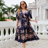 Female Elegant and Pretty Casual Printed Lace Up V-Neck Party Dresses Plus Size Short-Sleeved Cheap Summer on Offer Liquidation