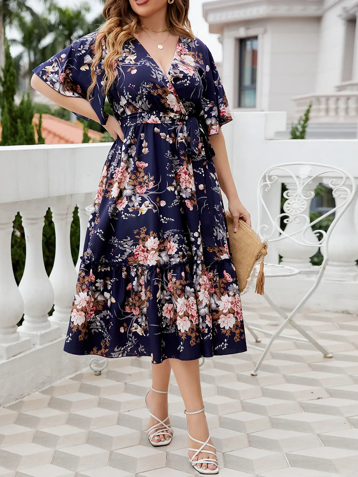 Female Elegant and Pretty Casual Printed Lace Up V-Neck Party Dresses Plus Size Short-Sleeved Cheap Summer on Offer Liquidation