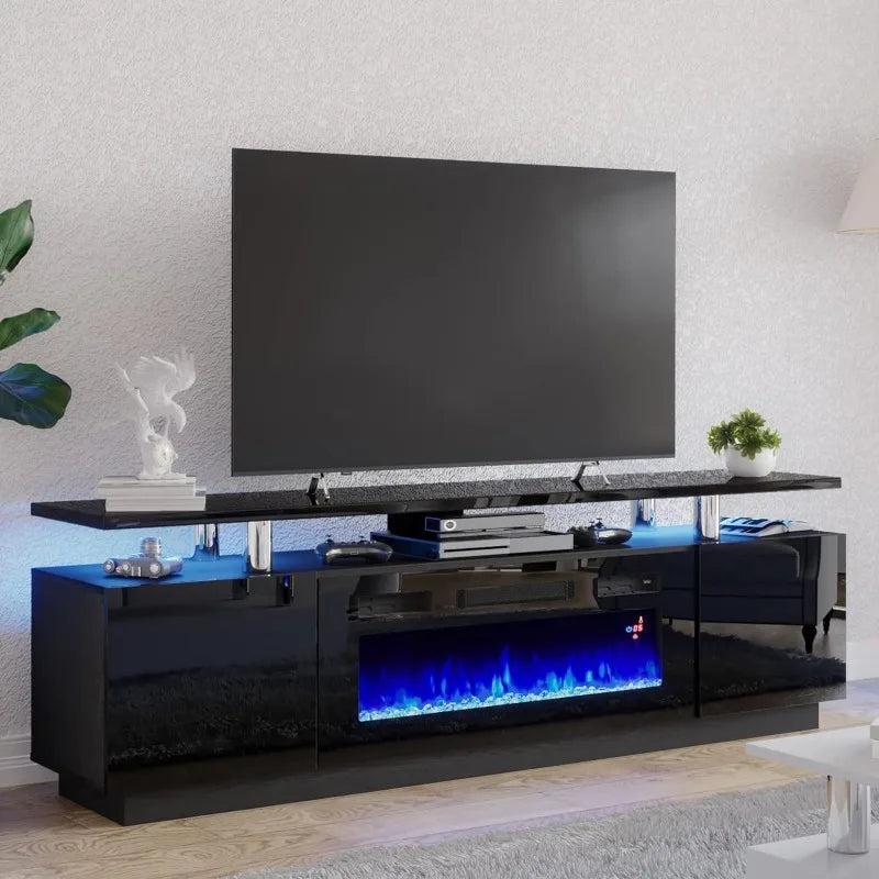 Fireplace TV Stand 70" Modern High Gloss Entertainment Center LED Lights, 2 Tier TV Console Cabinet for TVs Up to 80"