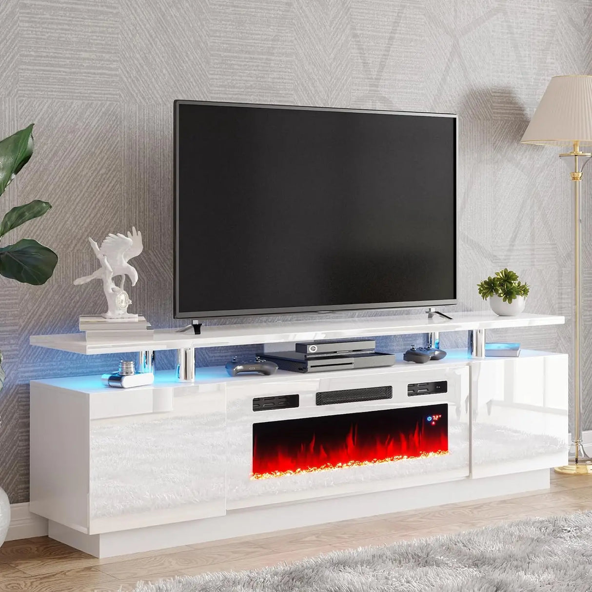 Fireplace TV Stand 70" Modern High Gloss Entertainment Center LED Lights, 2 Tier TV Console Cabinet for TVs Up to 80"