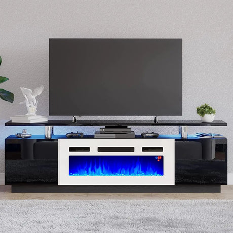 Fireplace TV Stand 70" Modern High Gloss Entertainment Center LED Lights, 2 Tier TV Console Cabinet for TVs Up to 80"