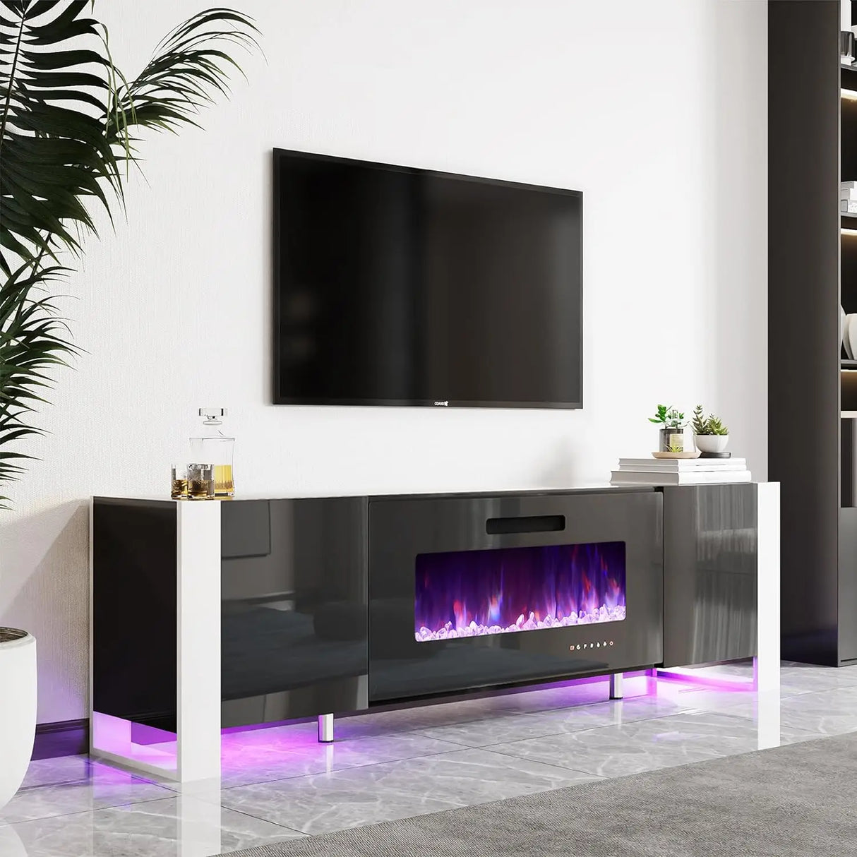 Fireplace TV Stand 80" Modern High Gloss Entertainment Center LED Lights, U-Shaped Legs TV Console Cabinet for TVs Up to 90"