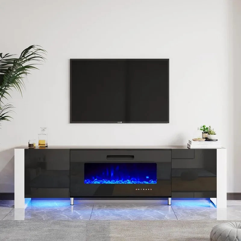 Fireplace TV Stand 80" Modern High Gloss Entertainment Center LED Lights, U-Shaped Legs TV Console Cabinet for TVs Up to 90"