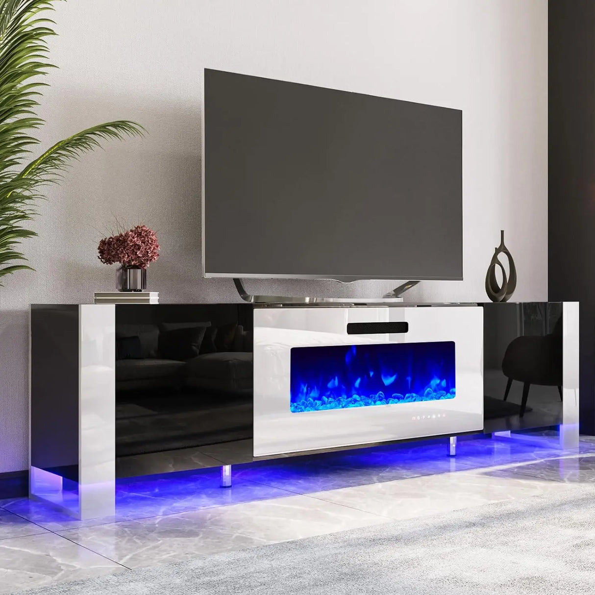 Fireplace TV Stand 80" Modern High Gloss Entertainment Center LED Lights, U-Shaped Legs TV Console Cabinet for TVs Up to 90"