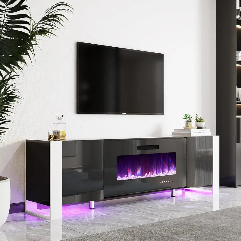 Fireplace TV Stand 80" Modern High Gloss Entertainment Center LED Lights, U-Shaped Legs TV Console Cabinet for TVs Up to 90"