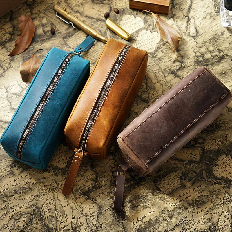 First Layer Cowhide Pencil Bag Square Retro Crazy Horse Leather Zipper Simple Large-capacity Pencil Case Stationery Bag