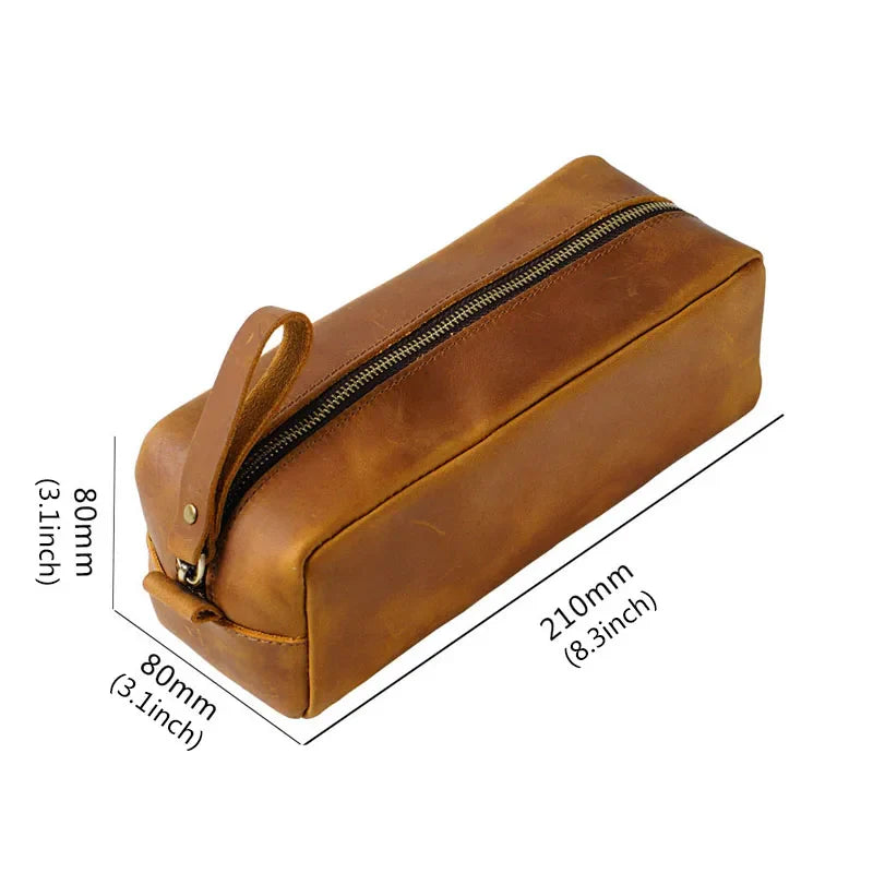 First Layer Cowhide Pencil Bag Square Retro Crazy Horse Leather Zipper Simple Large-capacity Pencil Case Stationery Bag