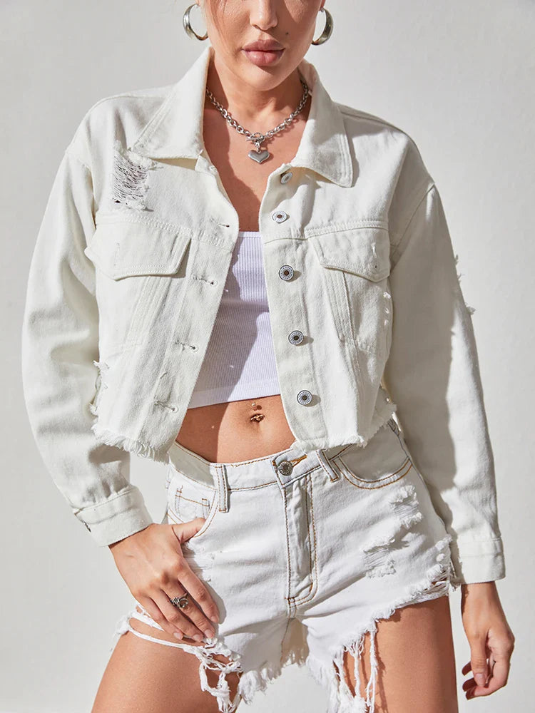 Fitaylor Autumn Winter Women Loose Lapel Long-sleeve White Denim Short Jacket Streetwear Lady Single Breasted Pocket Coat